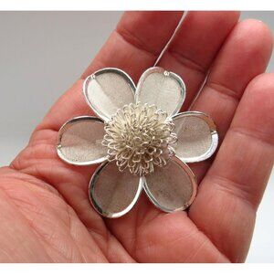 Black Eye Susan Flower Brooch Silver‎ Tone Mesh Petals Loop Wire Center Vintage